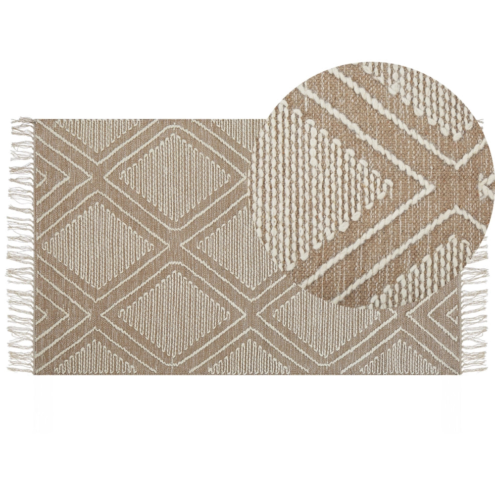 Tappeto in cotone bianco beige 80 x 150 cm motivo geometrico nappe tribali orientali