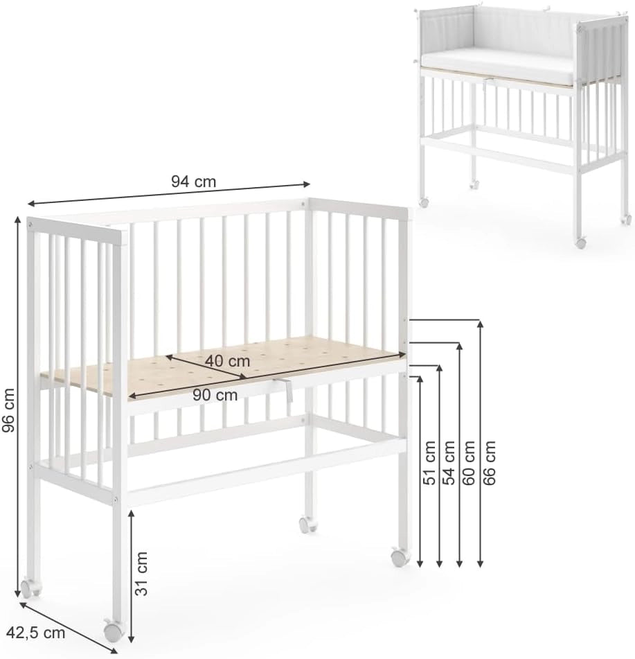Lettino da attaccare al letto Sophie, Bianco, 94 x 42.5 cm 1 binario laterale, regolabile in altezza con ruote per un facile posizionamento
