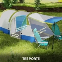 Tenda da Campeggio Impermeabile con 2 Aree e 3 Ingressi, in Poliestere e Fibra di Vetro, 420x200x150 cm, Verde