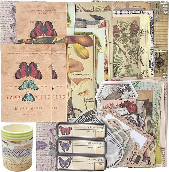 Set di materiali manuale da 200 pezzi con 5 rotoli di adesivo, stickere per animali e piante e carta kraft, accessori di scrapbooking