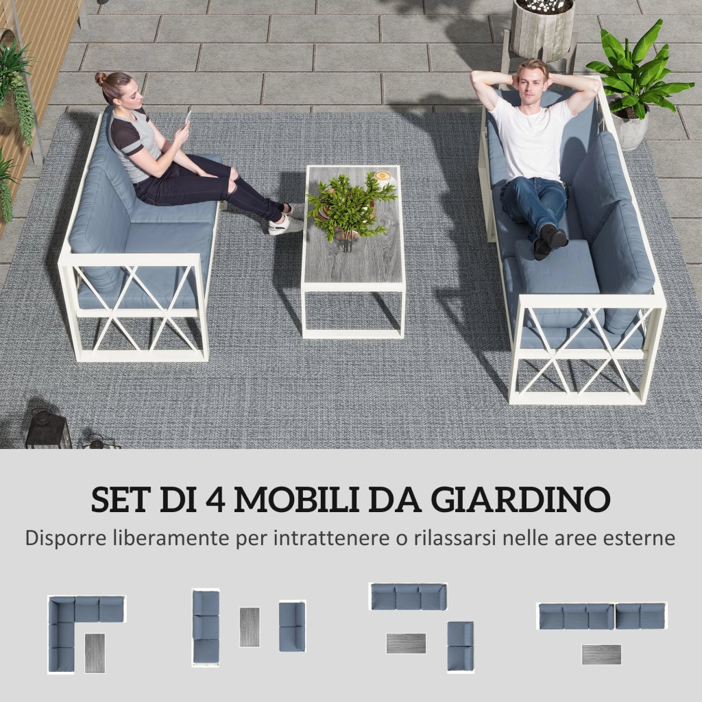 Salotto da Giardino Angolare con Poltrona Reclinabile, 2 Divanetti con Cuscini e Tavolino, Grigio