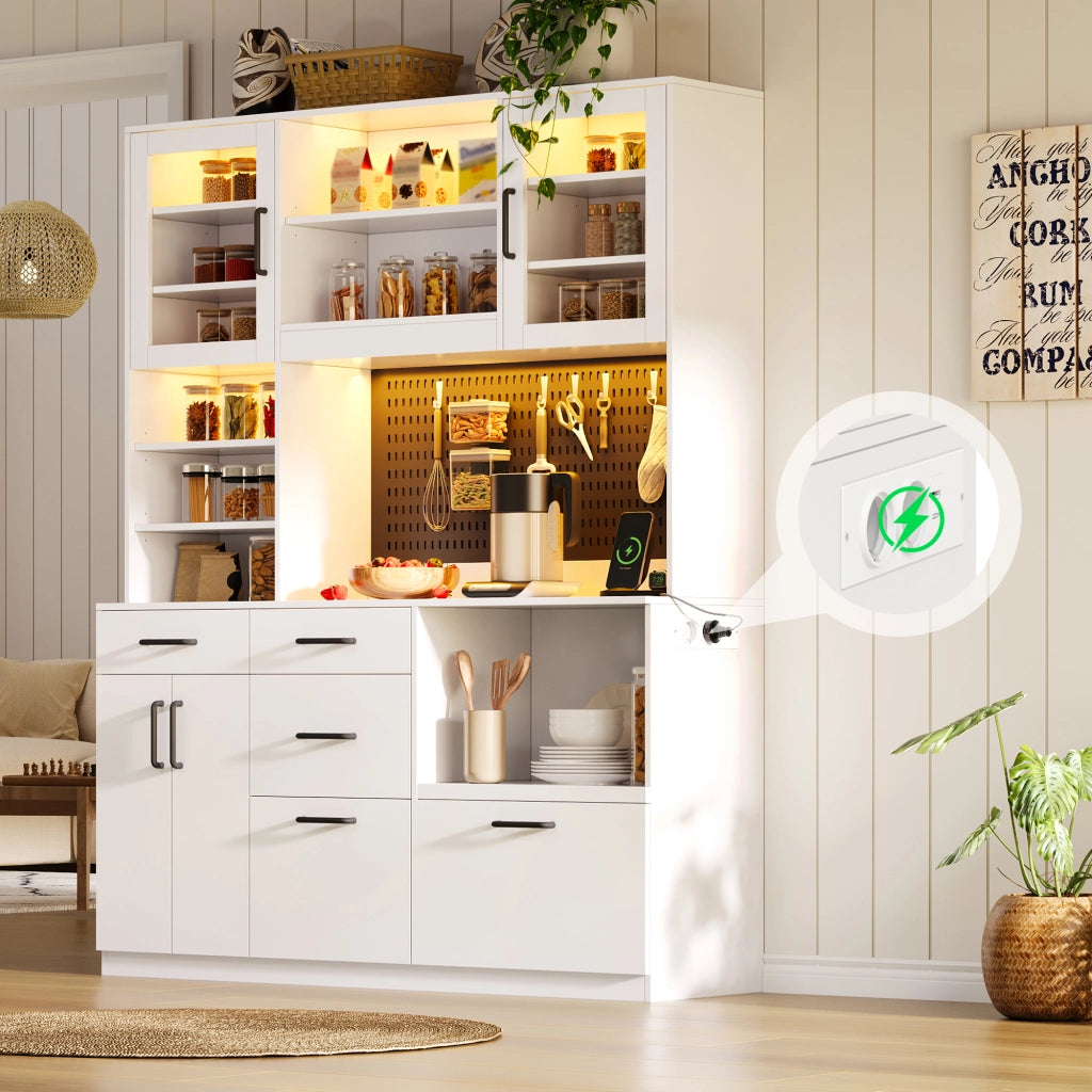 Credenza da cucina con 5 cassetti; LED e prese - per cucina - in MDF - 145×40×185 cm - bianco