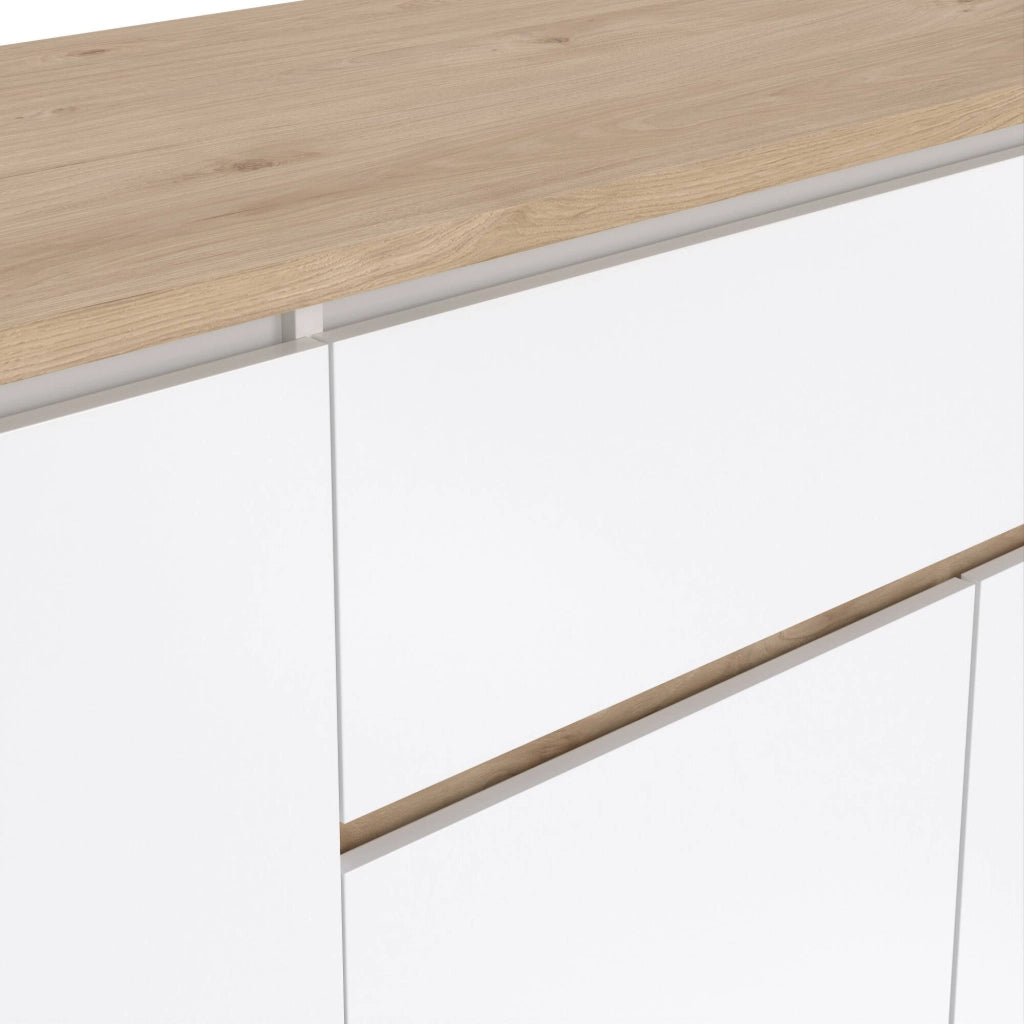 Credenza Basile, Buffet da soggiorno, Madia da salotto, Dispensa da cucina, 197x48 h84 cm, Rovere e Bianco lucido