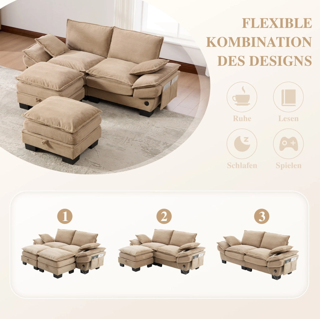 Divano modulare 2 posti in velluto a coste con 2 pouf; USB-C e tasche laterali; kaki