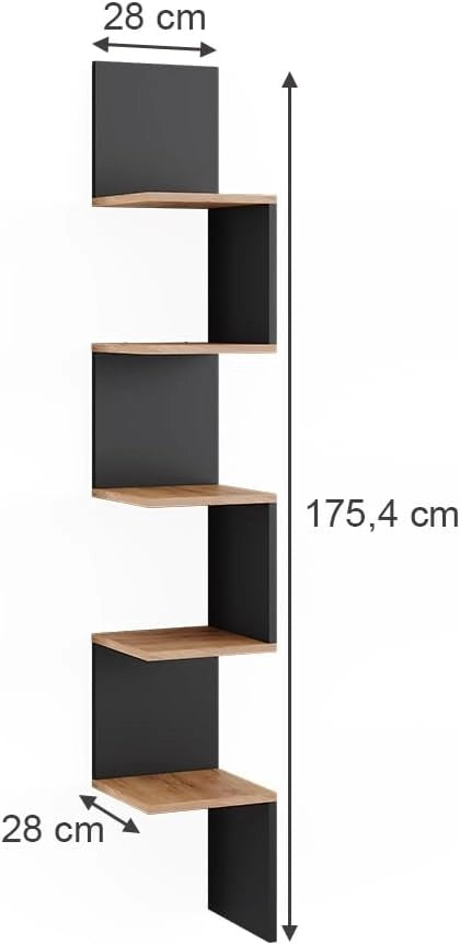 Scaffale ad angolo Paolo, Antracite, 28 x 175.4 cm con 5 scomparti, montabile per riporre libri e decorazioni