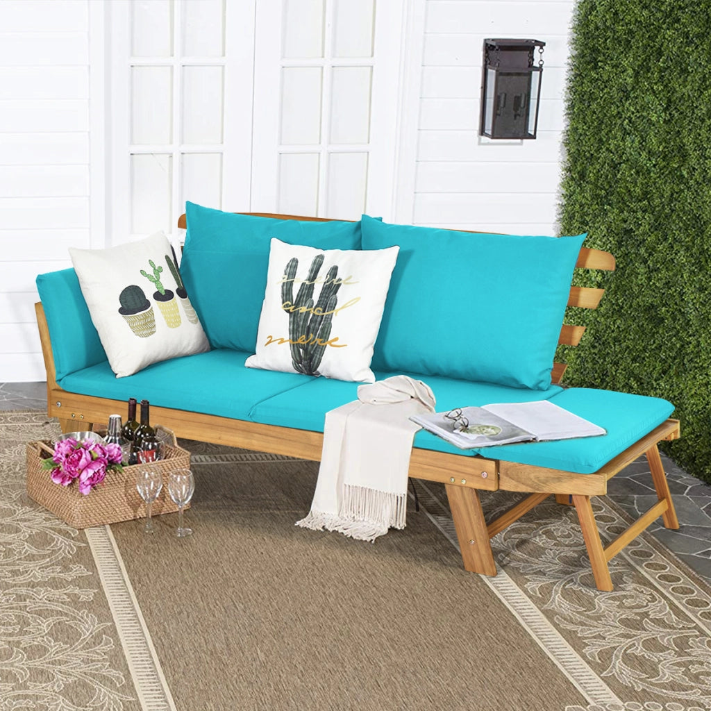 Divano letto convertibile in legno d'acacia con braccioli regolabili cuscini, Chaise longue da esterno Verde chiaro-Poltrone e sdraio