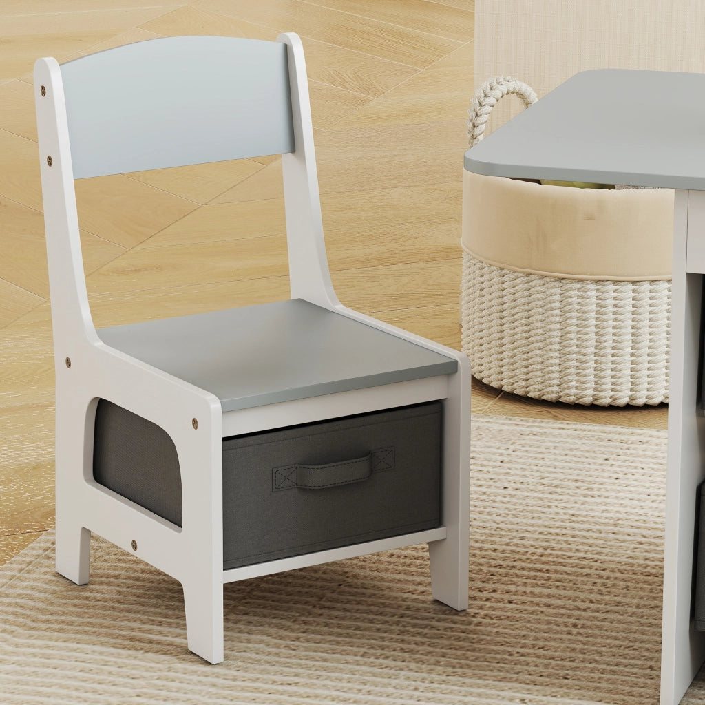 Set Tavolo e Sedie per Bambini 3-8 Anni con 6 Cassetti e Bordi Arrotondati in Legno e Tessuto Grigio e Bianco