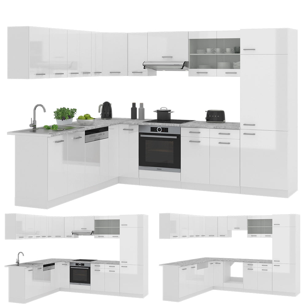 Cucina angolare completa R-Line Bianco lucido/Bianco 287 x 227 cm, PL Antracite Vicco