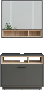 Set di mobili da bagno Beatrice, Antracite/Sonoma, 80 cm, composto da specchio da bagno e mobile sottolavabo