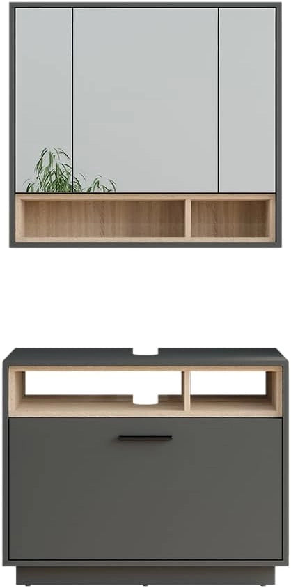 Set di mobili da bagno Beatrice, Antracite/Sonoma, 80 cm, composto da specchio da bagno e mobile sottolavabo