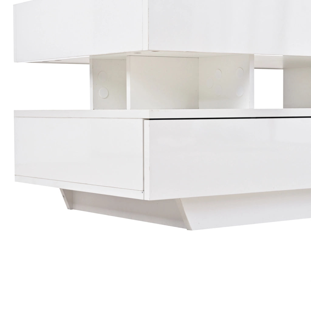 Tavolino da caffè sollevabile con LED e contenitore 100 x 50 x 45 cm; bianco lucido