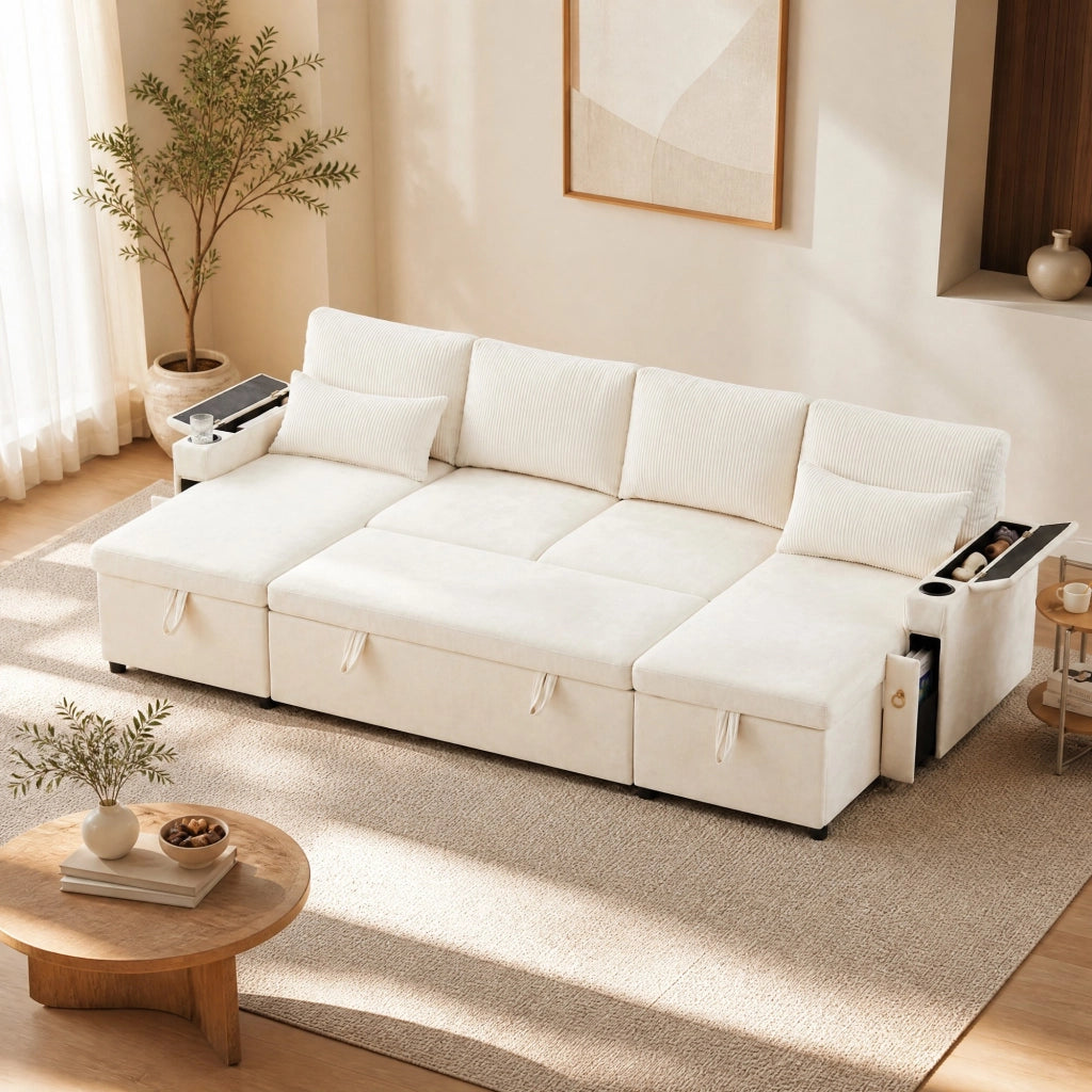Divano angolare convertibile 4 posti con vano contenitore, portabicchieri e cuscini, in Chenille e Corduroy Beige
