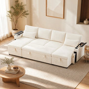 Divano angolare convertibile 4 posti con vano contenitore, portabicchieri e cuscini, in Chenille e Corduroy Beige