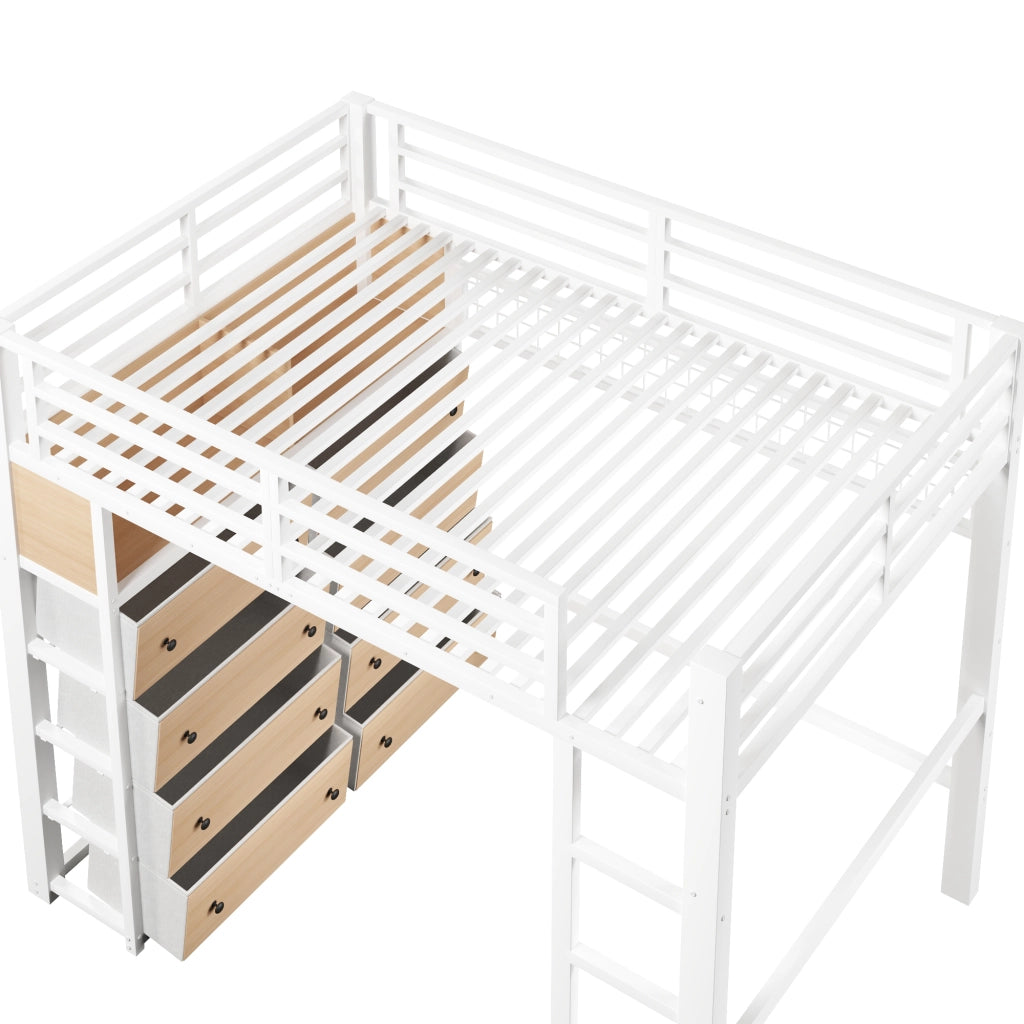 LETTO a soppalco 140x200 cm in metallo e MDF bianco con 8 cassetti e LED