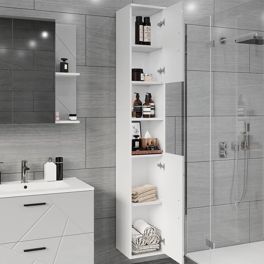 Mobile alto Irma, Bianco/bianco lucido, 30 x 190 cm con 2 porte