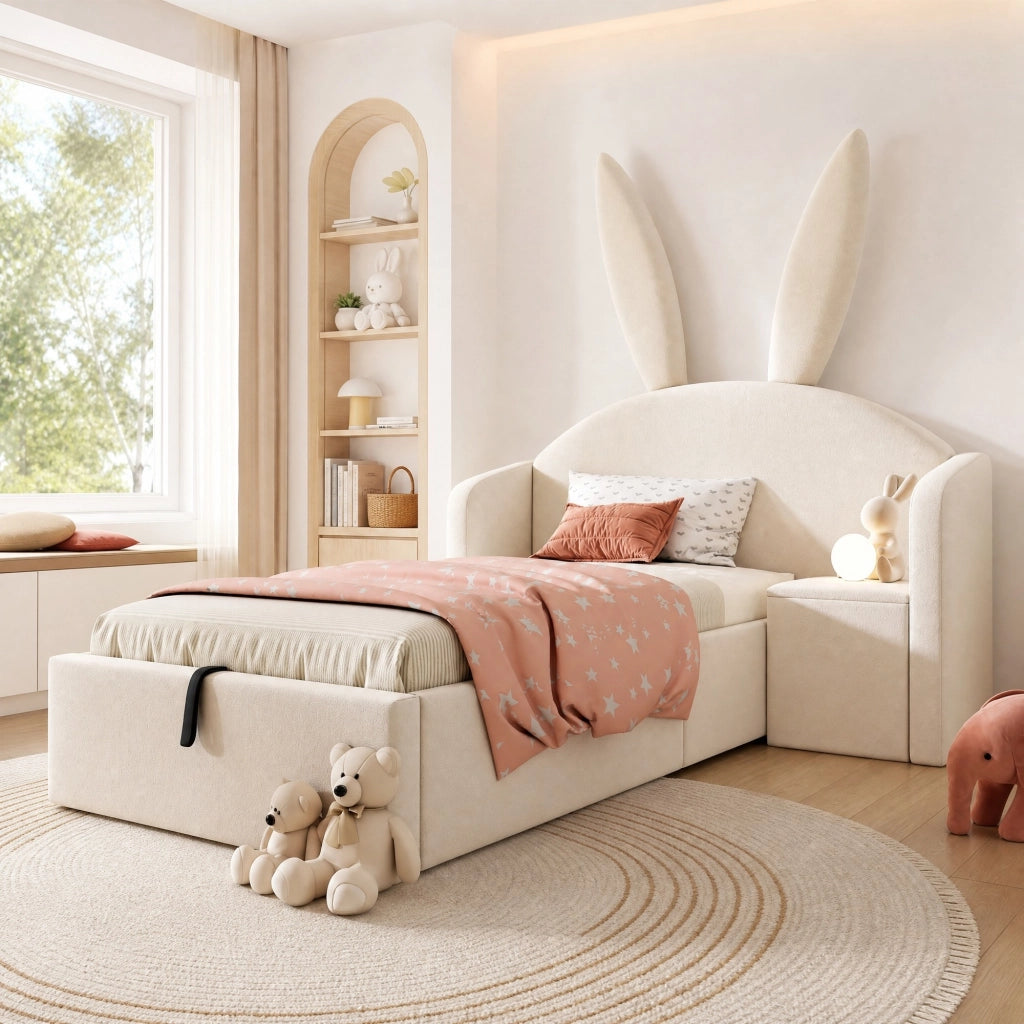 Letto imbottito con contenitore 90x190 cm in velluto beige; testiera con orecchie e comodino