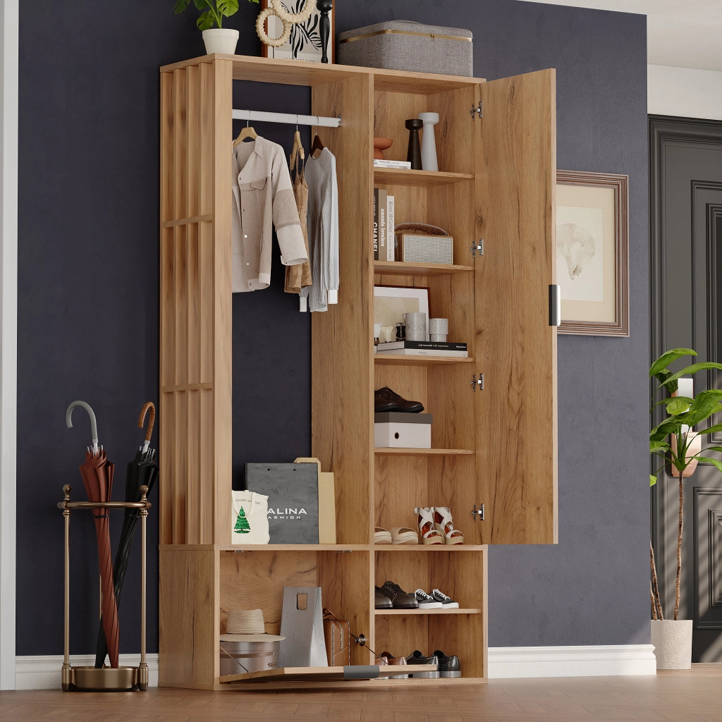 Mobile Ingresso con Specchio Guardaroba in Legno Naturale 100 cm