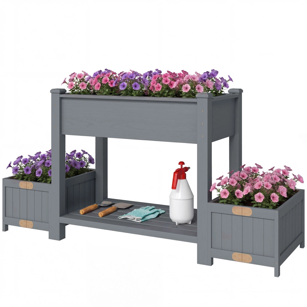 Fioriera Rialzata con 2 Vasi Laterali e Ripiano per Attrezzi, in Legno di Abete, 149x46x76 cm, Grigio