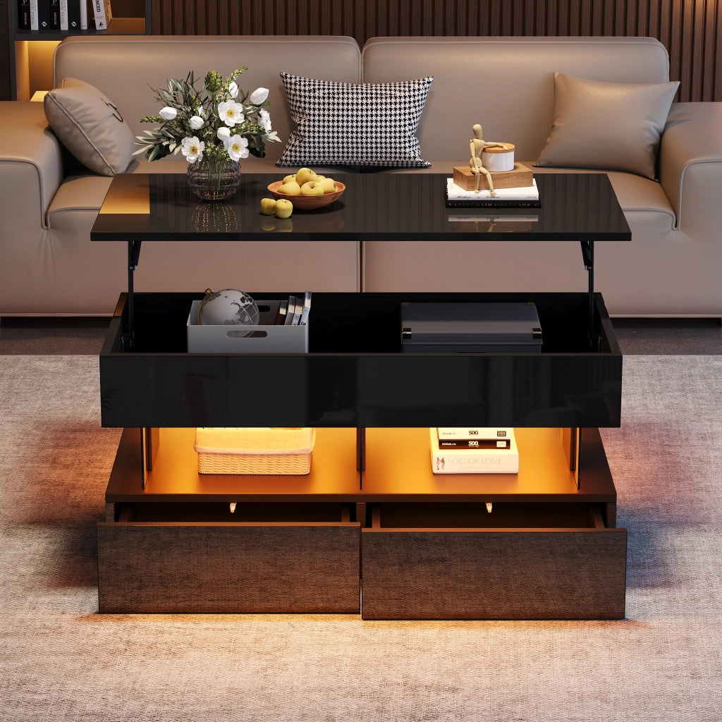 Tavolino regolabile in altezza, lucido, con luci a LED, 2 cassetti, in MDF + acrilico, 100 x 50 x 46 cm, nero