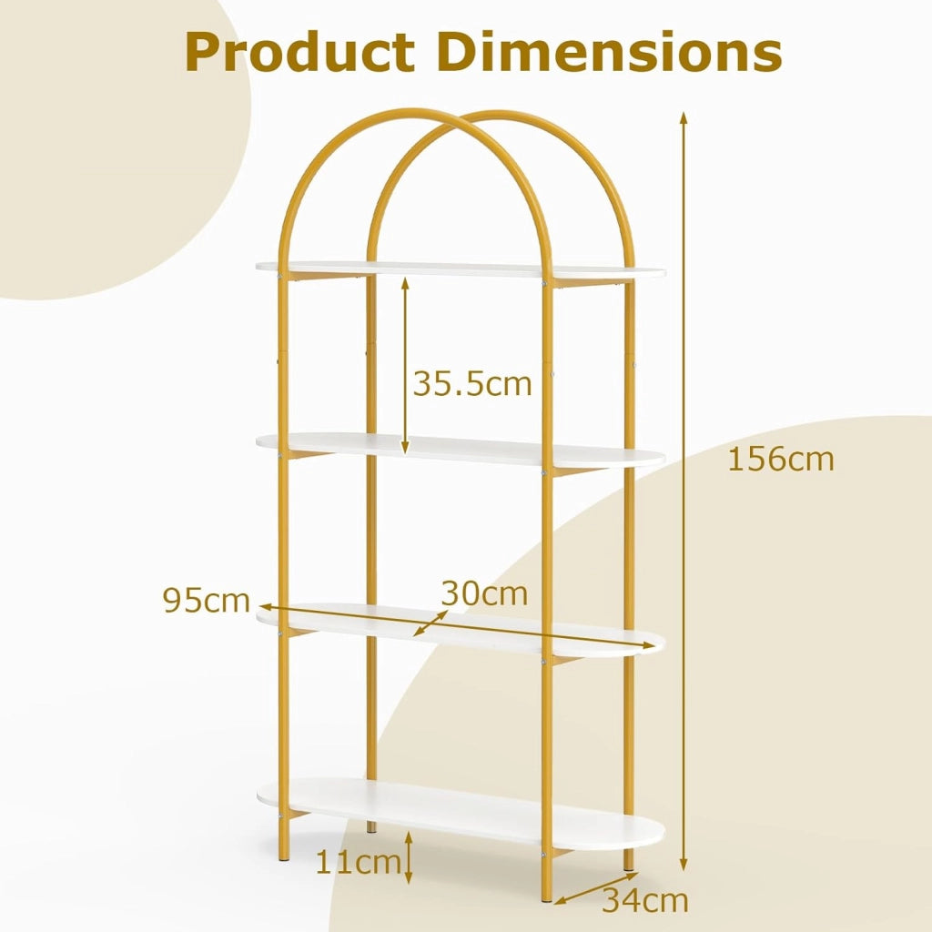 Scaffale a 4 Ripiani con Design ad Arco, Libreria con Ripiani Aperti e Telaio in Metallo, per Camera da Letto, Soggiorno e Ufficio, 95 x 34 x 156 cm (Oro E Bianco)