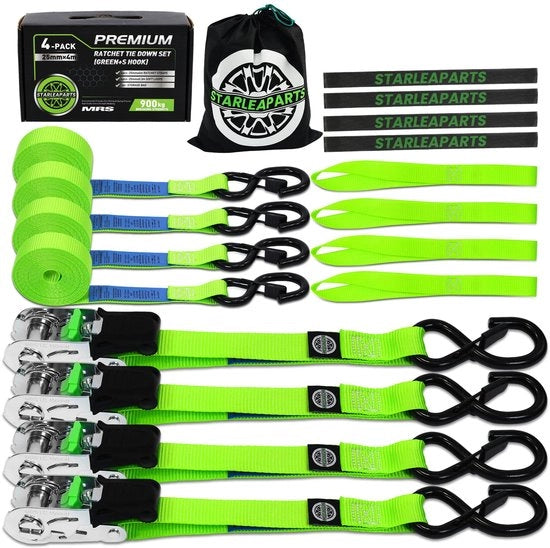 Ratelspanbandi da 4, resistenza a rottura 900 kg - 25 mm x 4 m, catene per veicoli con ganci per motocicli, attrezzature da trasloco e veicoli pesanti, verde