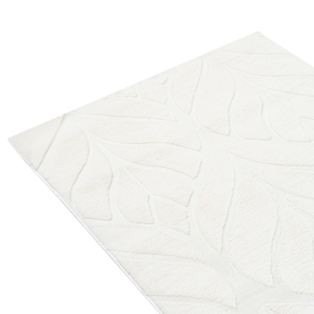Tappeto da corridoio in pelliccia sintetica di coniglio, bianco sporco, in poliestere, 80 x 300 cm, rotondo, morbido, a pelo lungo, motivo a foglie