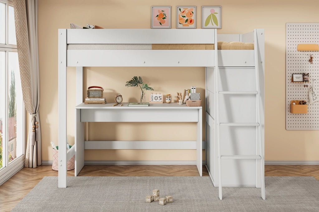 Letto a castello per bambini bianco con scrivania e armadio in legno massello 90x200 cm