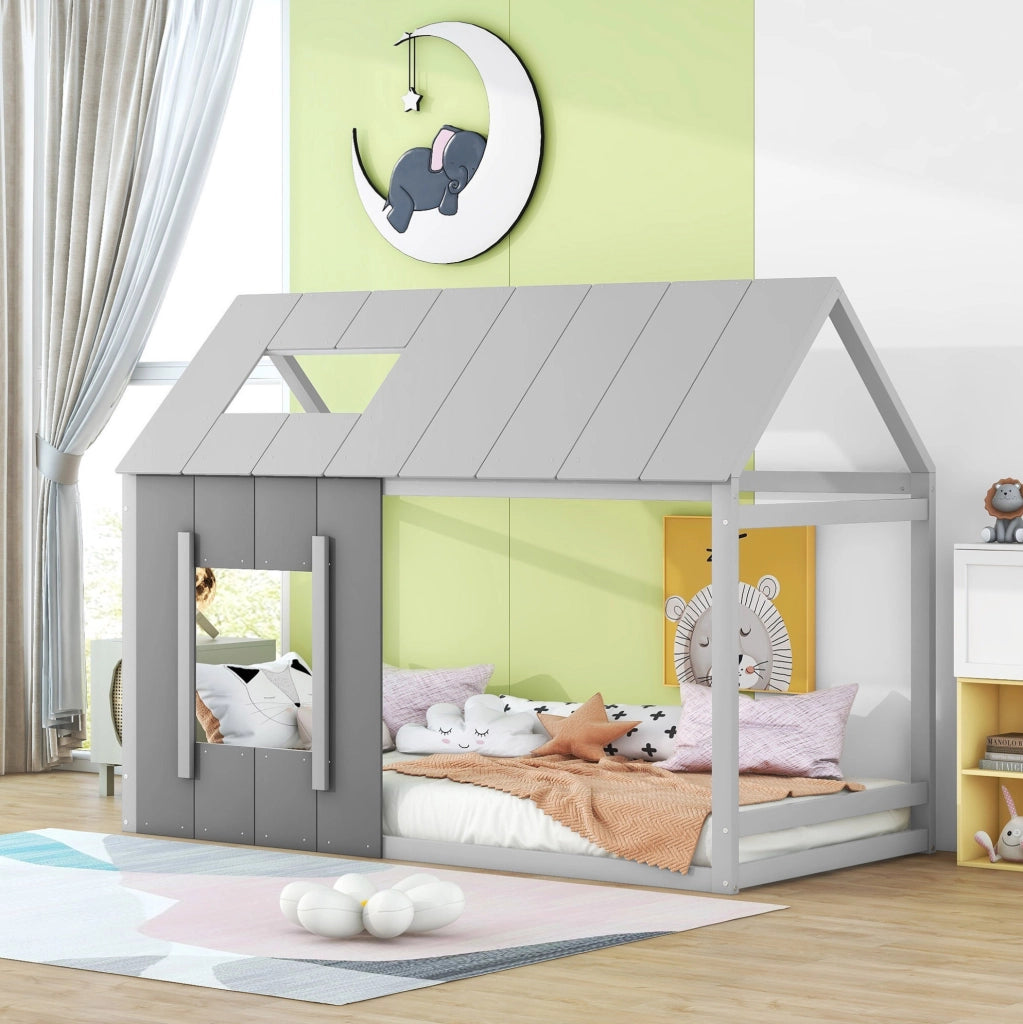 Letto a casetta 90 x 200 cm in pino e MDF, grigio