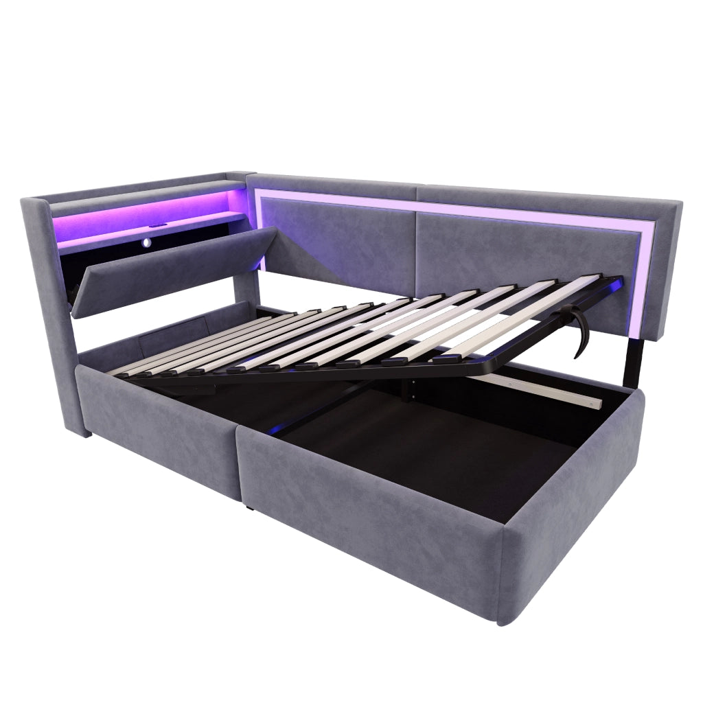 Divano letto 90x200 cm con contenitore; LED e USB in velluto grigio