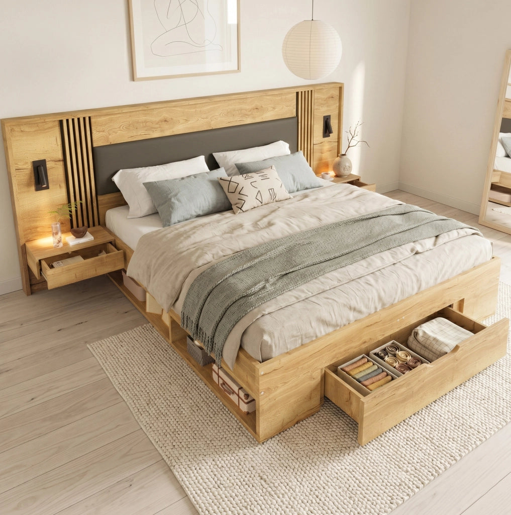 Letto matrimoniale 180x200 cm con contenitore; 2 comodini; luci orientabili; MDF; naturale