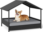 Casetta per Cani da Esterno e Interno, Letto Rialzato in Rattan con Struttura in Metallo, Tetto Impermeabile e Cuscino Rimovibile, per Cani di Taglia Piccola e Media fino a 60 KG (Grigio)