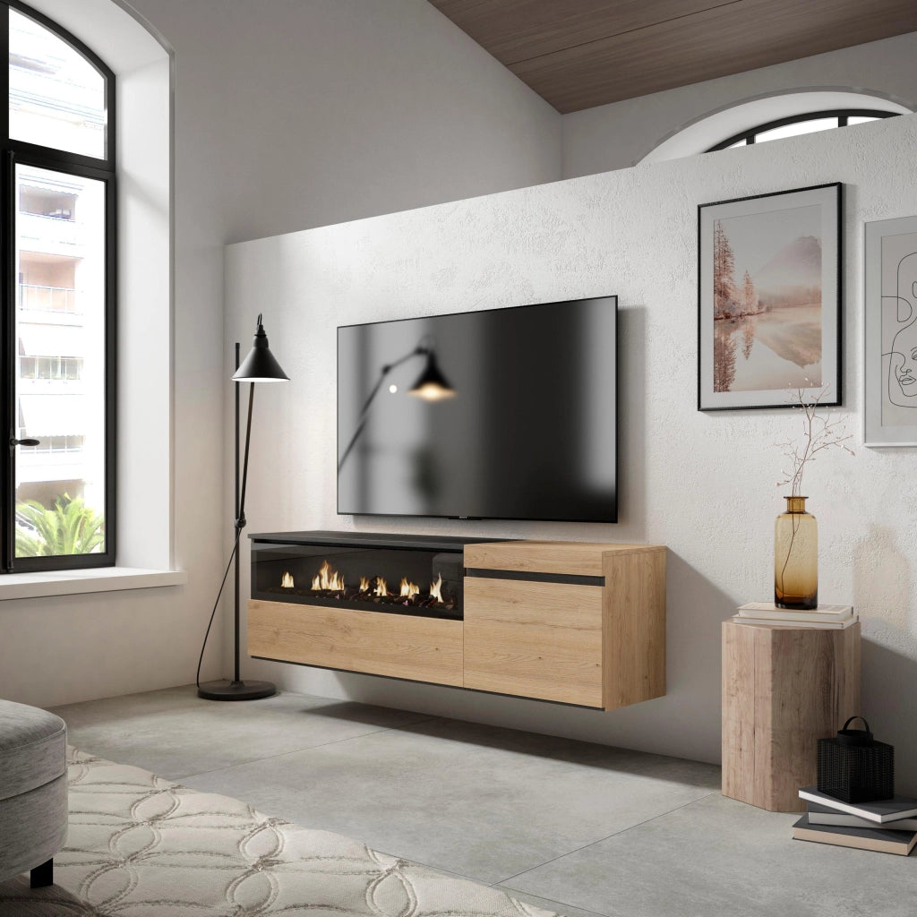 Mobile TV Soggiorno, 150x35x45cm, Per TV fino a 65", Camino elettrico, da appendere, colore Rovere e nero RF2432