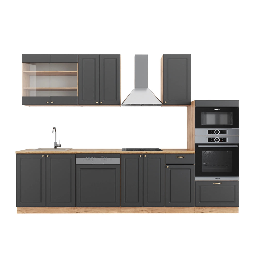 Cucina componibile Fame-Line Antracite rustico/Rovere dorato 300 cm con armadio alto, senza piano di lavoro Vicco