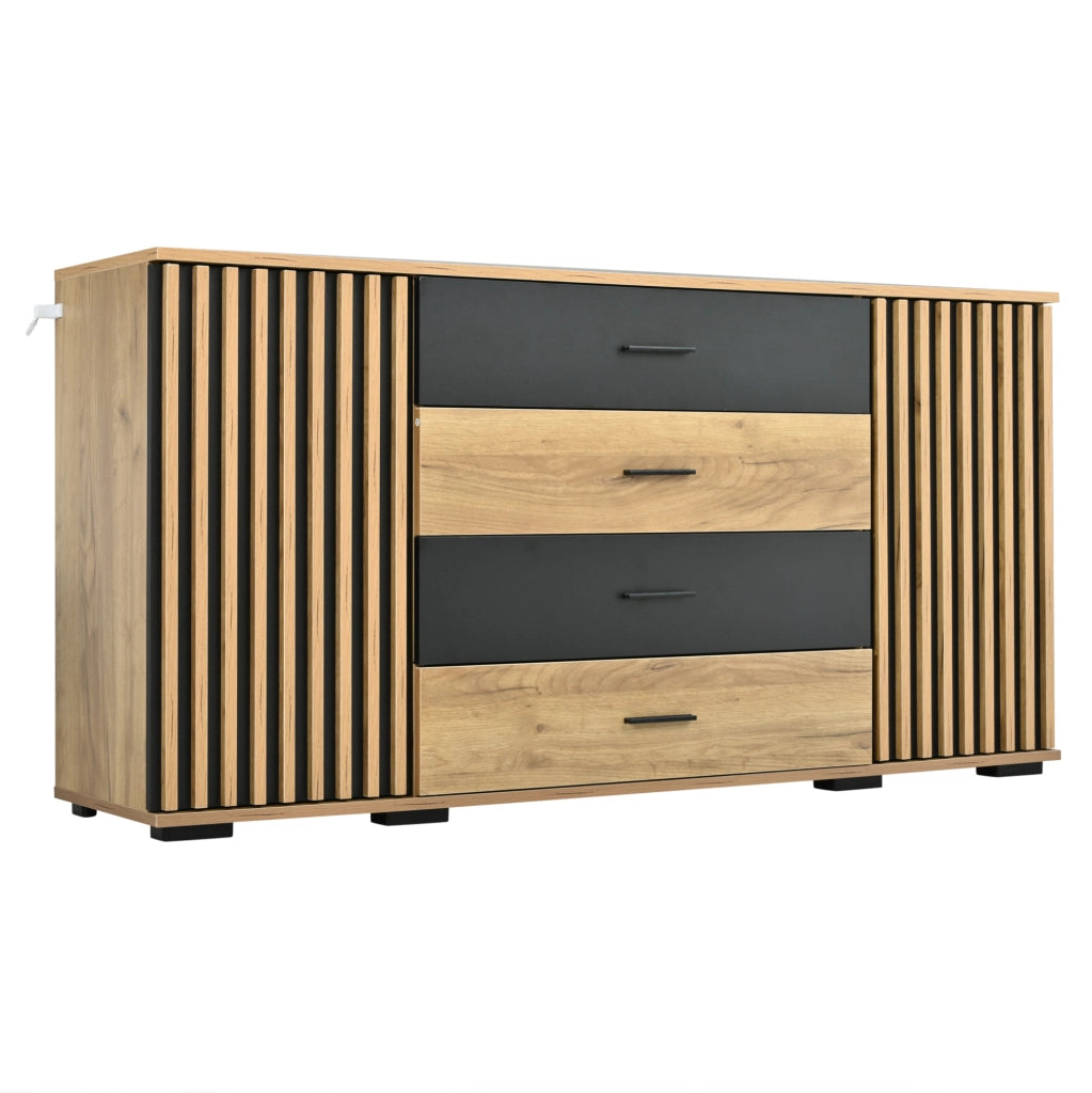 Credenza 140x35x70 cm in MDF; 4 cassetti e 2 ante con ripiani regolabili; nero e rovere