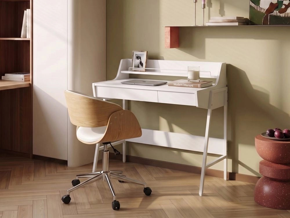 Scrivania da Ufficio in Legno Chiaro e Nero 77 x 46 cm Scaffale 2 Cassetti Scandinavo