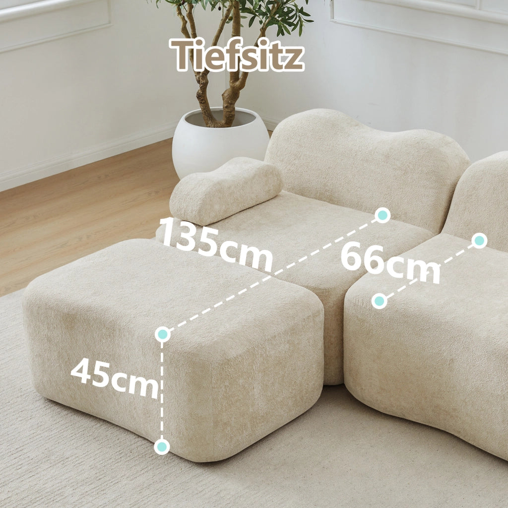 Divano angolare modulare senza struttura con ottomano e braccioli mobili in velluto beige per soggiorno e appartamento
