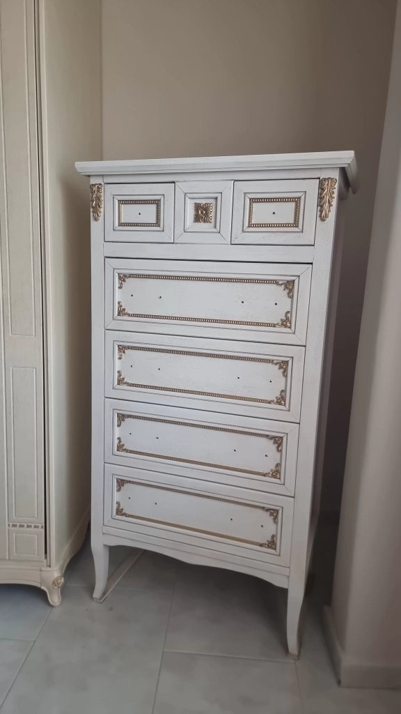 Cassettiera classica legno bianco invecchiato oro 79x50x144 - Mobili 2G