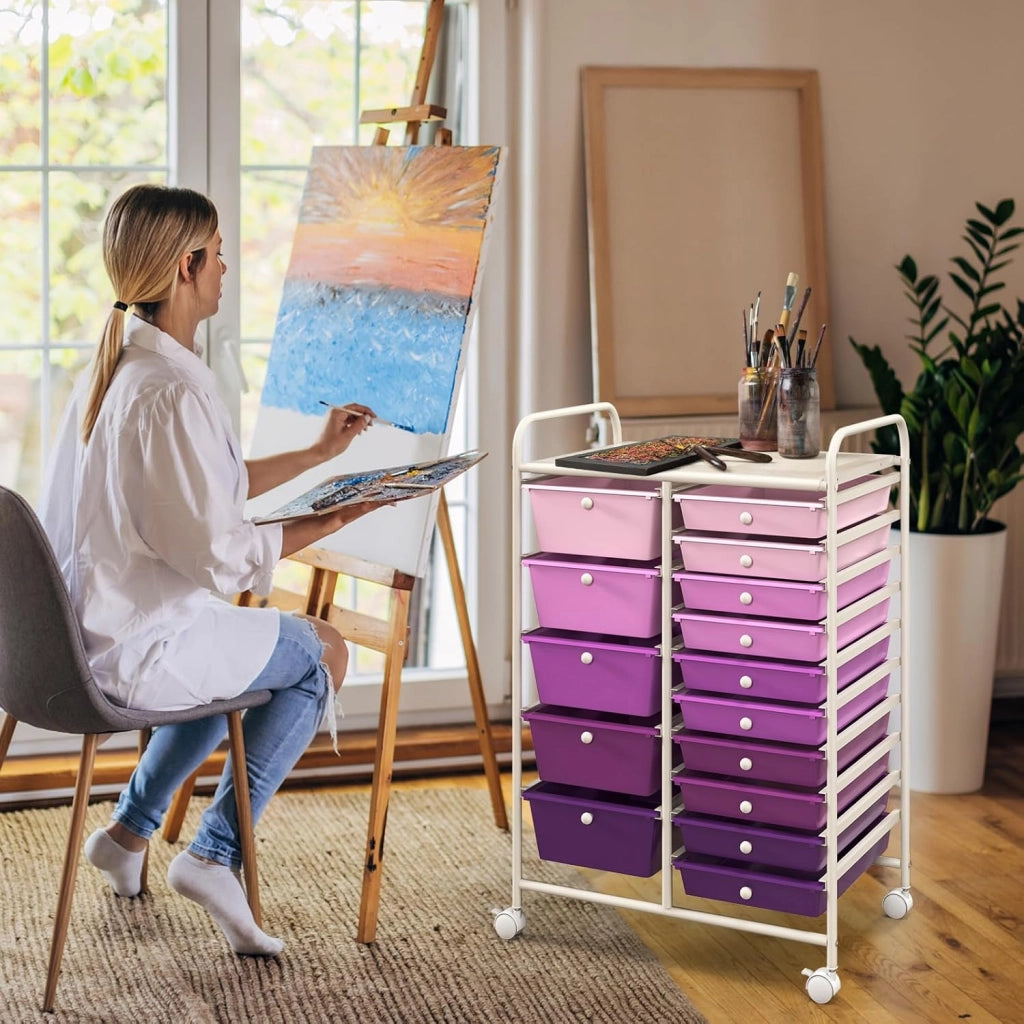 Carrelli Porta Oggetti, con 10+5 Cassetti Impilabili, 2 Ruote Bloccabili, Braccioli Metallici, Portabile e Pratico, per Ufficio, Studio, Cucina,Bagno, 5 Colori Disponibili, 62,5x37x87 cm