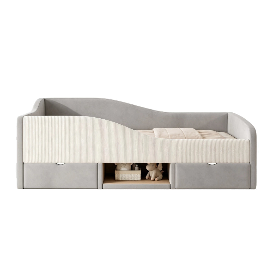 Letto imbottito per bambini 90x190 cm con protezioni laterali; 2 cassetti e vano portaoggetti; grigio
