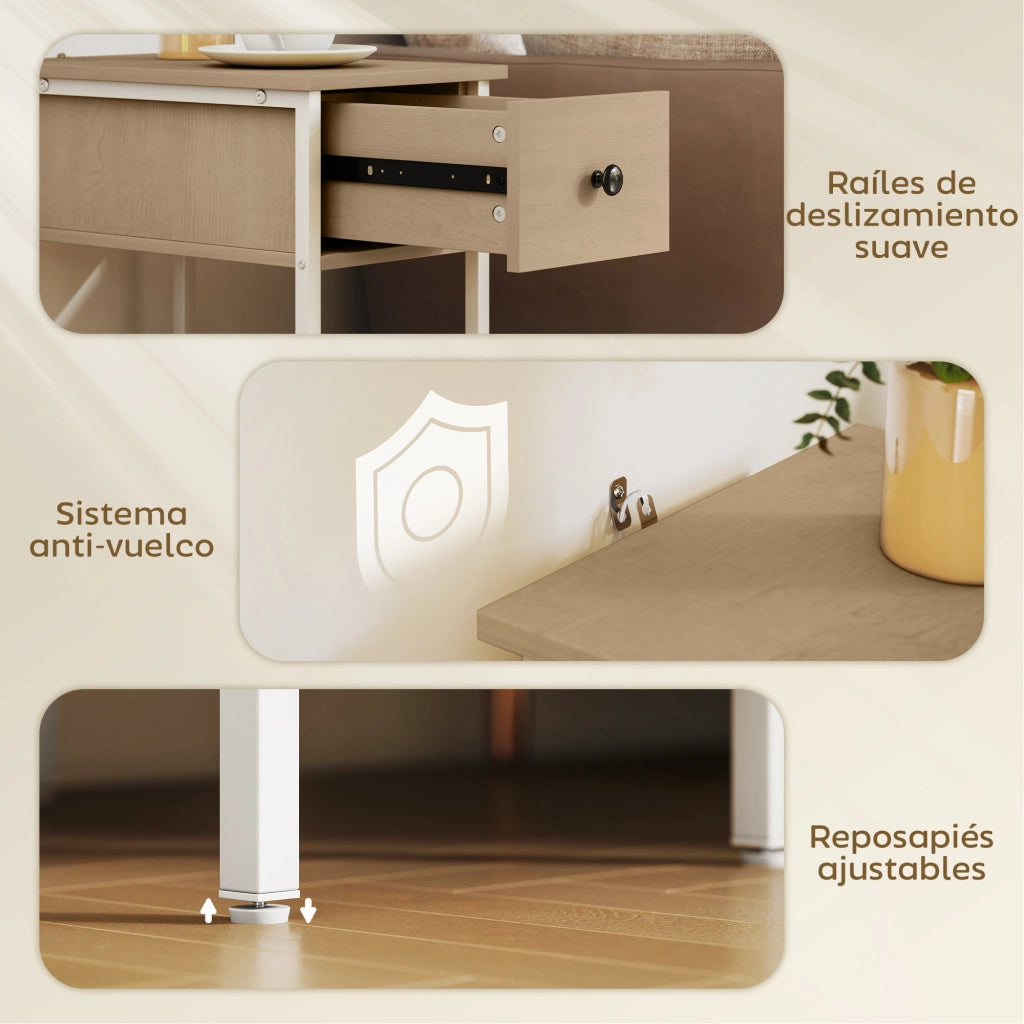 Tavolino con Cassetto e Ripiano Aperto ¨C Zephmum ¨C 25x39,8x58,2 cm Legno Naturale Metallo