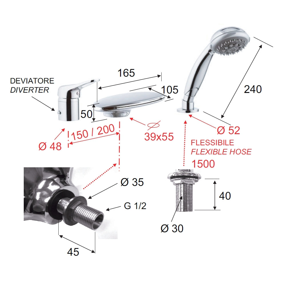 Rubinetto bordo vasca a cascata e doccino remer - serie kiss