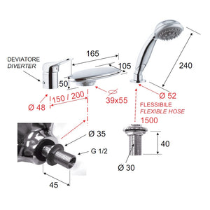 Rubinetto bordo vasca a cascata e doccino remer - serie kiss