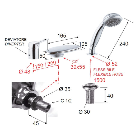 Rubinetto bordo vasca a cascata e doccino remer - serie kiss