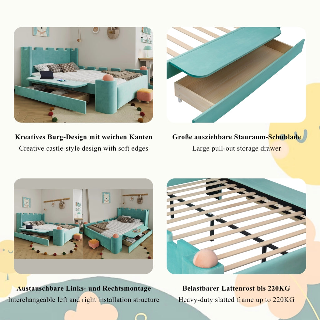 Letto con cassetti 140 × 200 cm con ripiano pieghevole; bordi imbottiti; legno e velluto francese blu-verde