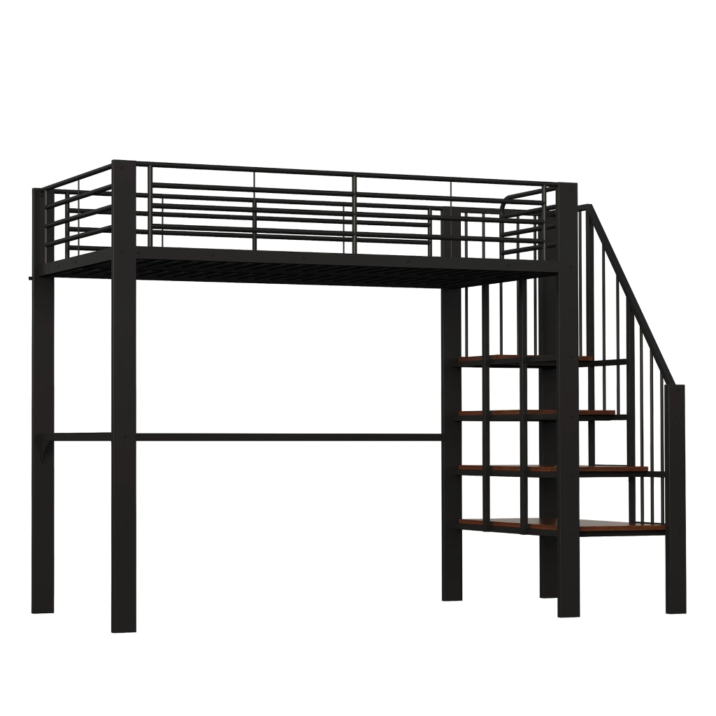 Letto a soppalco 90 x 200 cm in metallo con scala integrata e spazio contenitore sotto il letto, colore nero