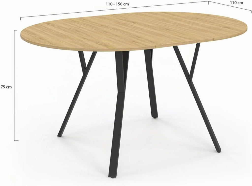 YSEULT tavolo da pranzo rotondo allungabile 4-8 persone legno e nero design industriale 110-150 cm