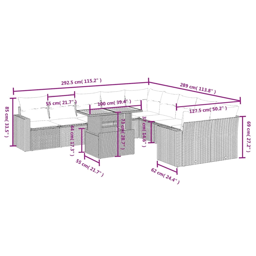 Set Divani da Giardino 11 pz con Cuscini in Polyrattan Grigio