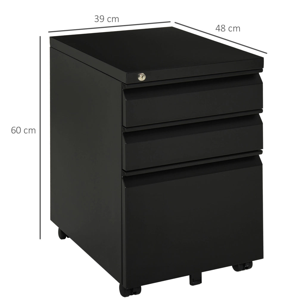 Cassettiera mobile in acciaio con 3 cassetti e serratura, nera
