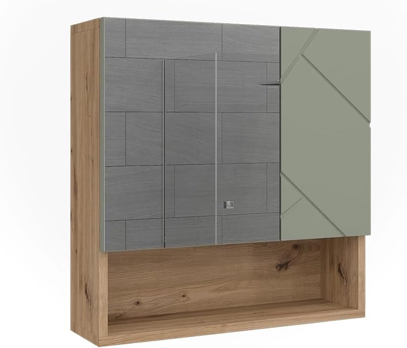 Specchio contenitore bagno Irma, Verde salvia, 54 x 55 cm, per montaggio a parete con specchio e vani a giorno