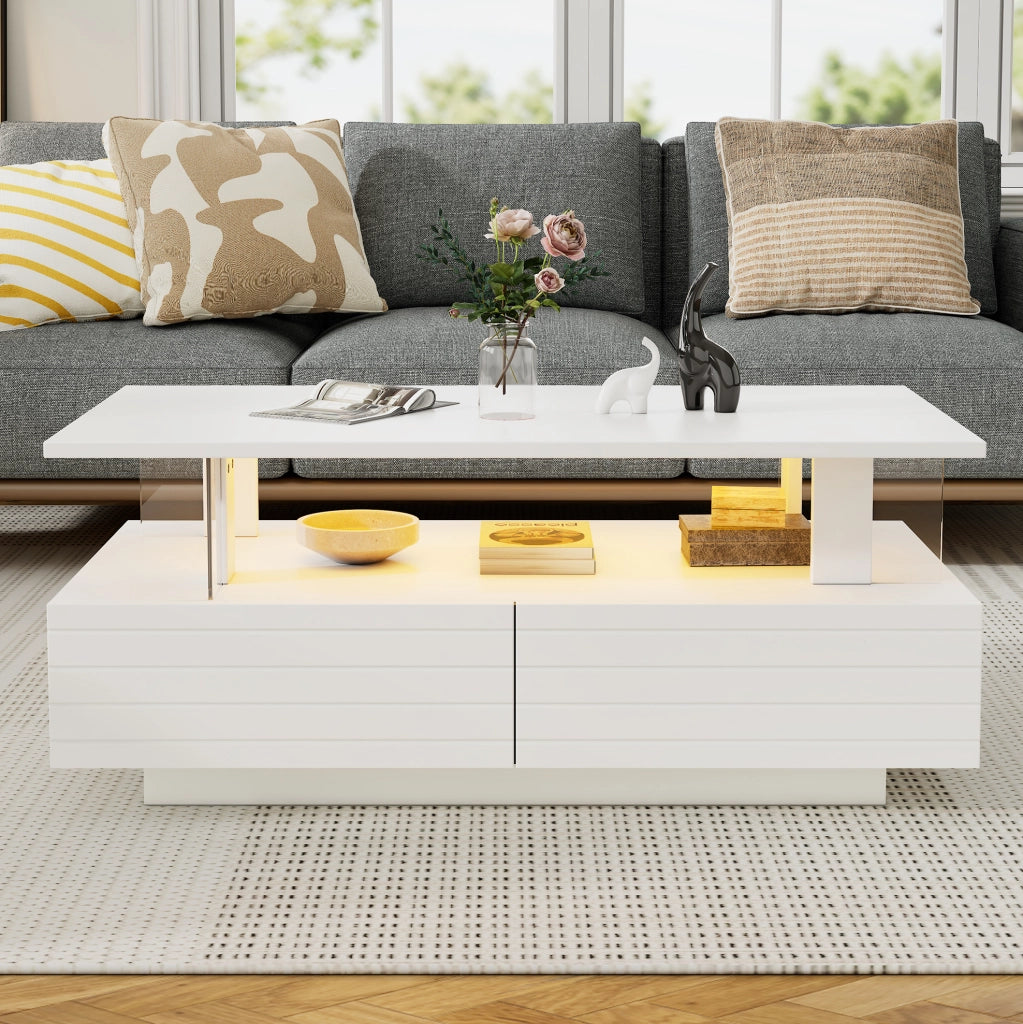 Tavolino da caffè LED bianco 100×50×42 cm con 2 cassetti e ripiano